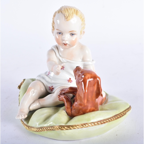 663 - AN UNUSUAL ANTIQUE GERMAN PORCELAIN FIGURE OF A YOUNG CHILD modelled playing with a dog. 10 cm x 10 ... 