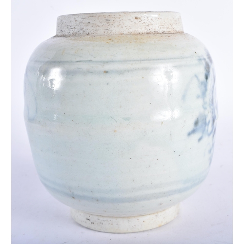 667 - AN 18TH CENTURY KOREAN JAPANESE BLUE AND WHITE JAR painted with flowers. 14 cm x 12 cm.