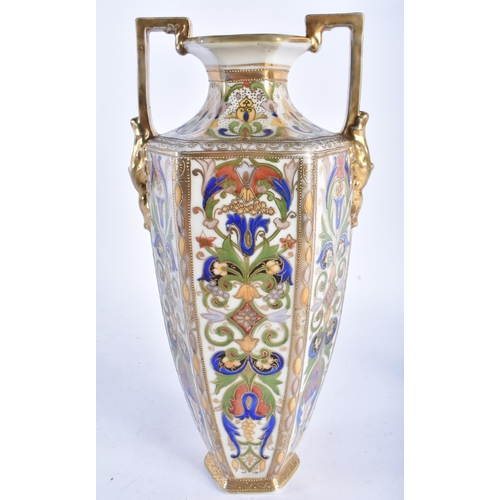 679 - A JAPANESE NORITAKE TWIN HANDLED PORCELAIN VASE together with a satsuma figure of a fish merchant. L... 