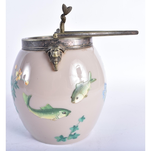 691 - A LOVELY AESTHETIC MOVEMENT ENAMELLED SMOKEY GLASS BISCUIT BARREL painted with fish and foliage. 29 ... 