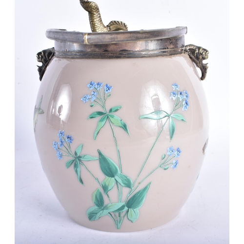 691 - A LOVELY AESTHETIC MOVEMENT ENAMELLED SMOKEY GLASS BISCUIT BARREL painted with fish and foliage. 29 ... 