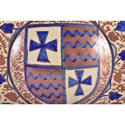 692 - A VERY LARGE 19TH CENTURY ARTS AND CRAFTS HISPANO MORESQUE LUSTRE CHARGER painted with an armorial a... 