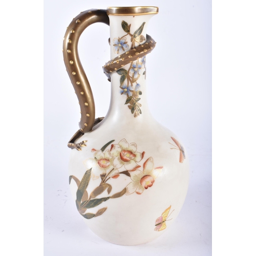 700 - A LOVELY ROYAL WORCESTER BLUSH IVORY PORCELAIN JUG with wrapped chilong dragon handle. 23.5 cm high.