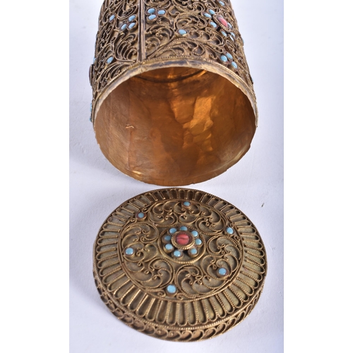 705 - AN ANTIQUE TIBETAN YELLOW METAL FILIGREE BOX AND COVER inset with jewelled turquoise and coral. 9.5 ... 