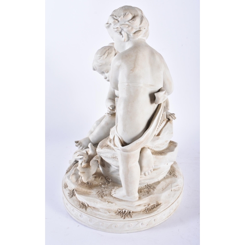 709 - AN ANTIQUE FRENCH PARIAN WARE PORCELAIN FIGURAL GROUP modelled as a boy and girl beside a bird cage.... 