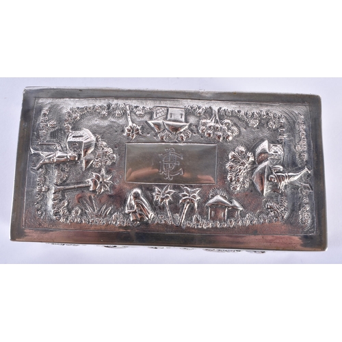 713 - A FINE 19TH CENTURY INDIAN SILVER DRESSING TABLE SET decorated in relief with figures within landsca... 