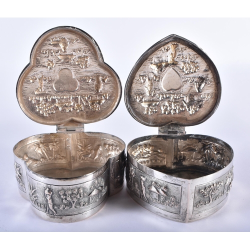 713 - A FINE 19TH CENTURY INDIAN SILVER DRESSING TABLE SET decorated in relief with figures within landsca... 