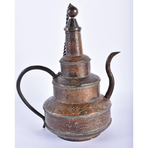 719 - AN EARLY 20TH CENTURY CHINESE COPPER ALLOY EWER AND COVER decorated with foliage. 17 cm high.