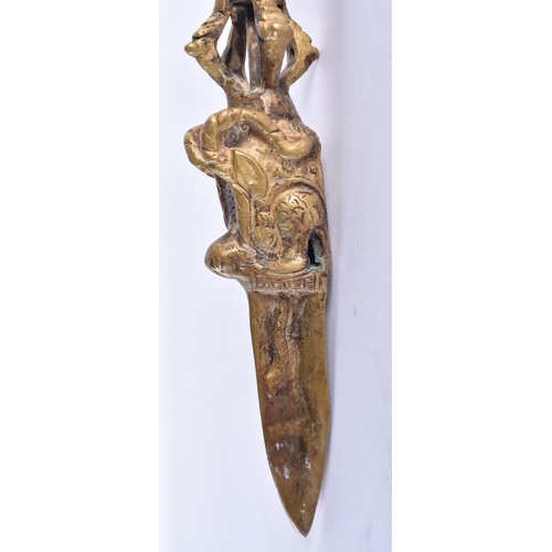 721 - A LARGE LATE 19TH CENTURY TIBETAN BRONZE BUDDHISTIC PHURBA decorated with mask heads. 48 cm long.