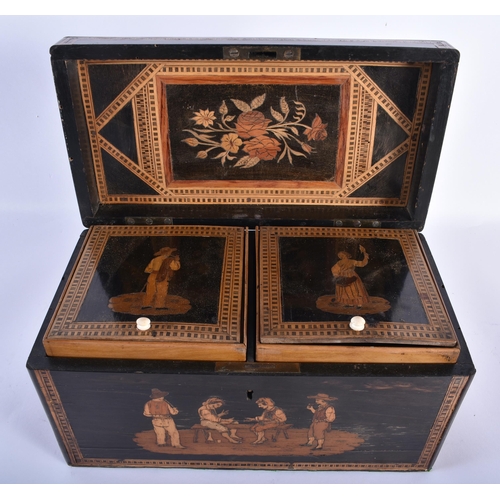 727 - AN UNUSUAL LARGE 19TH CENTURY ITALIAN SORRENTO WARE INLAID CARVED WOOD TEA CADDY decorated with figu... 