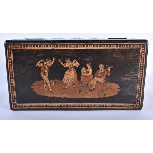 727 - AN UNUSUAL LARGE 19TH CENTURY ITALIAN SORRENTO WARE INLAID CARVED WOOD TEA CADDY decorated with figu... 