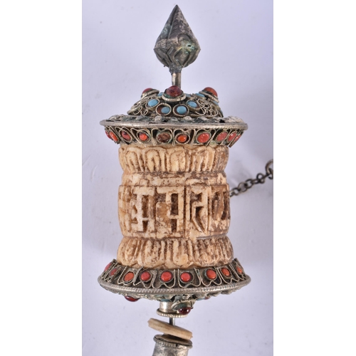 728 - THREE 19TH CENTURY TIBETAN PRAYER WHEELS two inset with coral and turquoise. Largest 20 cm long. (3)