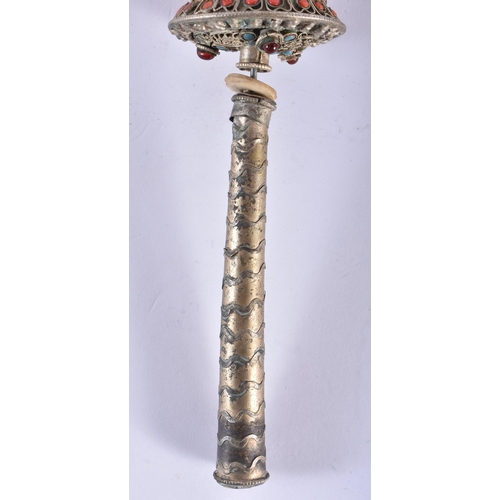 728 - THREE 19TH CENTURY TIBETAN PRAYER WHEELS two inset with coral and turquoise. Largest 20 cm long. (3)