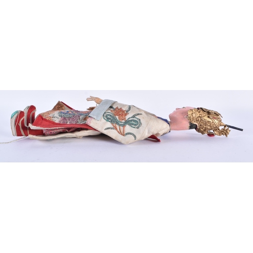 730 - A LATE 19TH CENTURY CHINESE SILK EMBROIDERED THEATRE DOLL. 27 cm long.