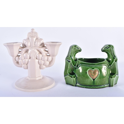 732 - AN ART DECO POOLE POTTERY CANDLESTICK together with a green glazed art deco vessel. Largest 15.5 cm ... 