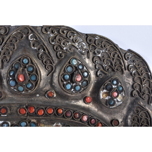 733 - A 19TH CENTURY TIBETAN CORAL AND TURQUOISE MASK probably low grade silver. 170 grams. 21 cm x 16 cm.