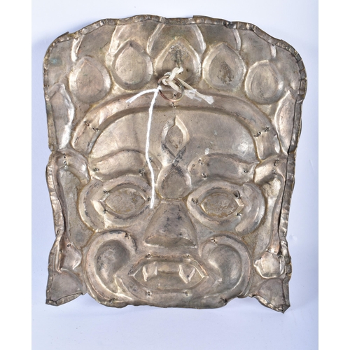 733 - A 19TH CENTURY TIBETAN CORAL AND TURQUOISE MASK probably low grade silver. 170 grams. 21 cm x 16 cm.