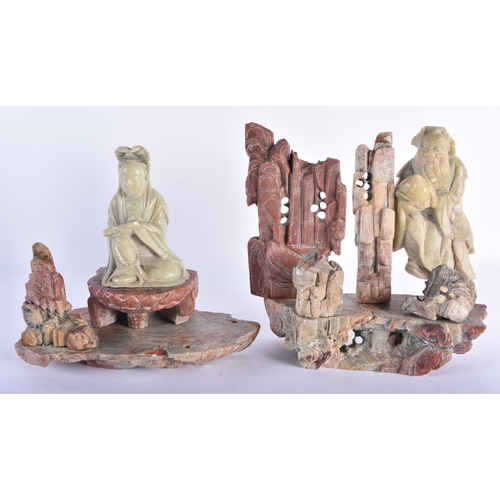 739 - TWO 19TH CENTURY CHINESE CARVED SOAPSTONE FIGURAL GROUPS Late Qing. Largest 17 cm x 14 cm. (2)