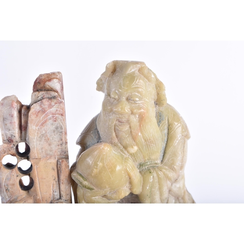 739 - TWO 19TH CENTURY CHINESE CARVED SOAPSTONE FIGURAL GROUPS Late Qing. Largest 17 cm x 14 cm. (2)