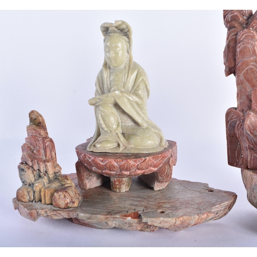 739 - TWO 19TH CENTURY CHINESE CARVED SOAPSTONE FIGURAL GROUPS Late Qing. Largest 17 cm x 14 cm. (2)