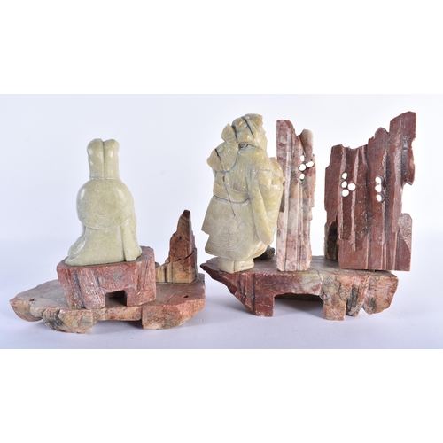 739 - TWO 19TH CENTURY CHINESE CARVED SOAPSTONE FIGURAL GROUPS Late Qing. Largest 17 cm x 14 cm. (2)