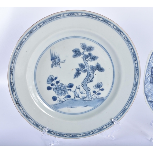 740 - FOUR 18TH CENTURY CHINESE EXPORT BLUE AND WHITE PORCELAIN PLATES Qianlong, together with a Qing blue... 