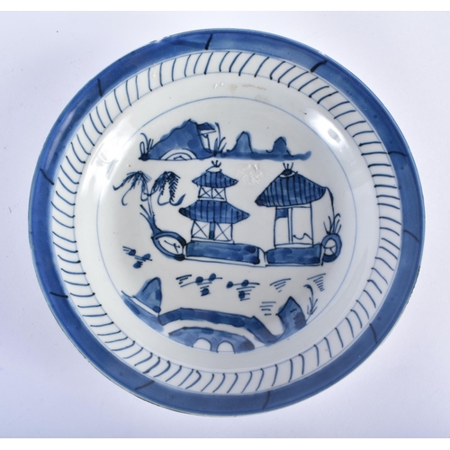 740 - FOUR 18TH CENTURY CHINESE EXPORT BLUE AND WHITE PORCELAIN PLATES Qianlong, together with a Qing blue... 