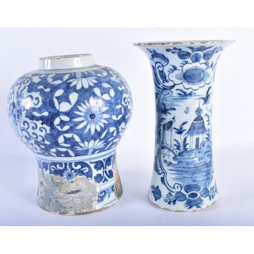 743 - A RARE 17TH/18TH CENTURY DELFT BLUE AND WHITE TIN GLAZED VASE together with a similar vase and plate... 