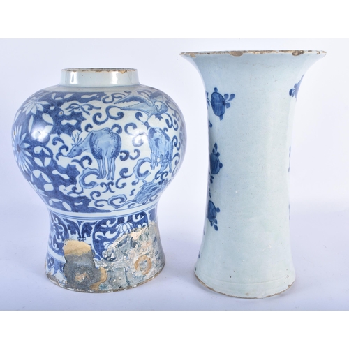 743 - A RARE 17TH/18TH CENTURY DELFT BLUE AND WHITE TIN GLAZED VASE together with a similar vase and plate... 