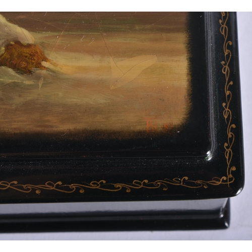 745 - A RUSSIAN BLACK LACQUER LANDSCAPE BOX. 18 cm x 12 cm.