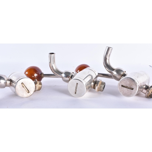 751 - A SET OF VINTAGE BAKELITE AMBER TYPE CHROME BAR TAPS. Each 18 cm x 8 cm, each ball 4.25 cm diameter.... 