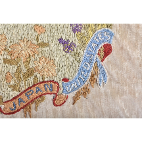 756 - AN UNUSUAL MILITARY INTEREST WW1 SILK EMBROIDERED PEACE PANEL. 48 cm x 40 cm.