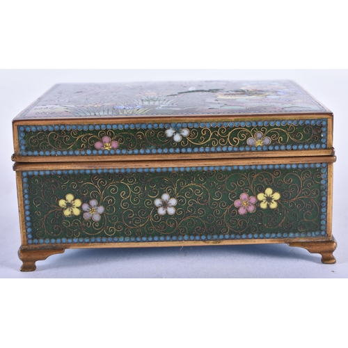 759 - A FINE JAPANESE CLOISONNE ENAMEL CASKET decorated with birds and landscapes. 9.25 cm x 7.75 cm.