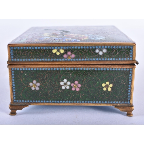 759 - A FINE JAPANESE CLOISONNE ENAMEL CASKET decorated with birds and landscapes. 9.25 cm x 7.75 cm.