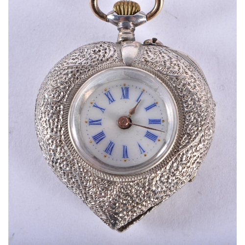 781 - Antique Womens 935 Silver Heart Shaped Fob Watch Hand-Wind Working. 27.4 grams. 4.5 cm wide.