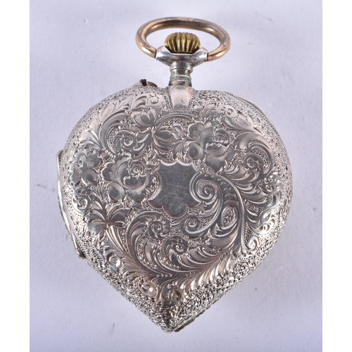 781 - Antique Womens 935 Silver Heart Shaped Fob Watch Hand-Wind Working. 27.4 grams. 4.5 cm wide.