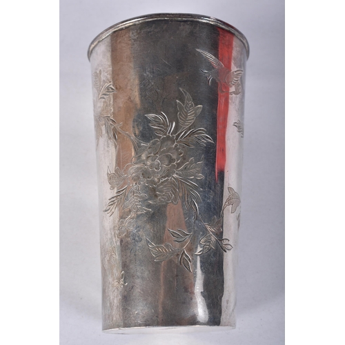 829 - Two Chinese Export Silver Beakers with Engraved Floral Decoration.  10.7cm x 6.2cm, total weight 168... 