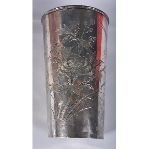 829 - Two Chinese Export Silver Beakers with Engraved Floral Decoration.  10.7cm x 6.2cm, total weight 168... 