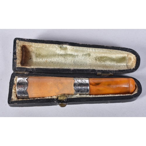 831 - A BBB Own Make Pipe with Silver Collar and Amber Tip together with Cased Amber Cheroot Holder with S... 