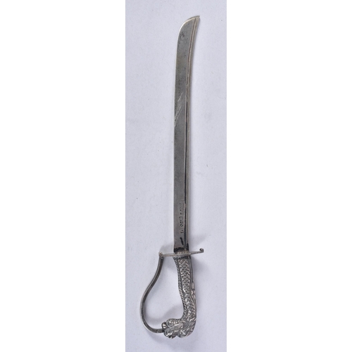 841 - A Chinese Silver Letter Opener in the form of a Sword with a Dragon Hilt.  17.7cm x 3.5cm, weight 22... 