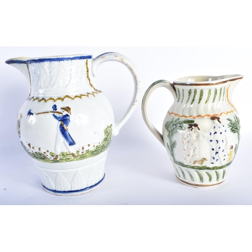 871 - TWO LATE 18TH/19H CENTURY ENGLISH STAFFORDSHIRE JUGS. Largest 15.5 cm high. (2)