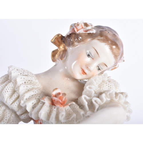 872 - A FINE ANTIQUE GERMAN PORCELAIN FRILLY DRESS DANCING GIRL. 20 cm high.