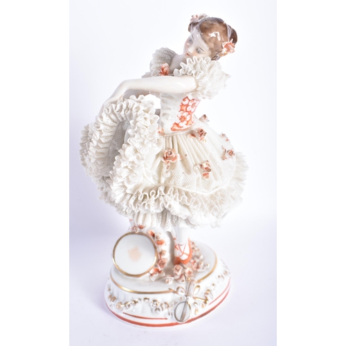 872 - A FINE ANTIQUE GERMAN PORCELAIN FRILLY DRESS DANCING GIRL. 20 cm high.