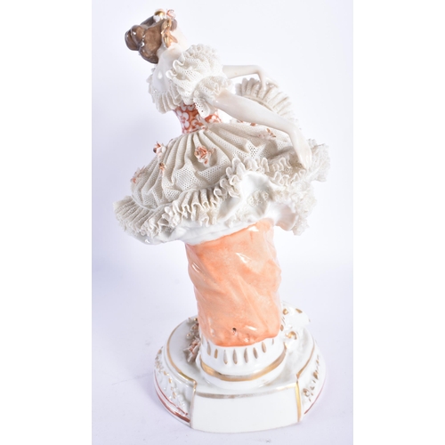 872 - A FINE ANTIQUE GERMAN PORCELAIN FRILLY DRESS DANCING GIRL. 20 cm high.