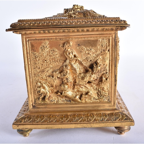 876 - A FINE AND UNUSUAL 19TH CENTURY FRENCH GILT BRONZE MUSICAL JEWELLERY CASKET by L Oudry, decorated wi... 