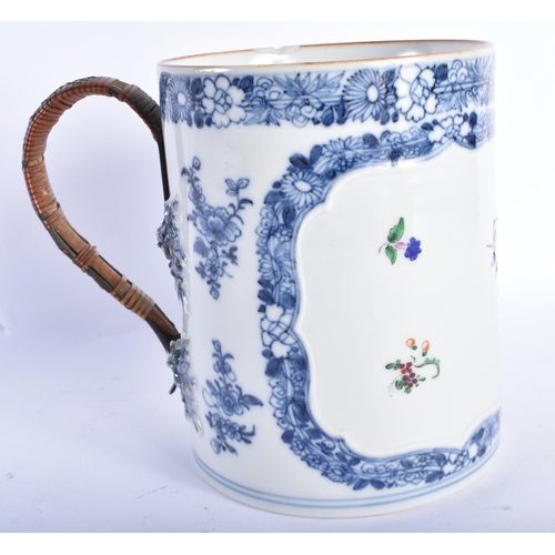 878 - AN 18TH CENTURY CHINESE EXPORT BLUE AND WHITE TANKARD together with a Qianlong plate. Largest 23 cm ... 