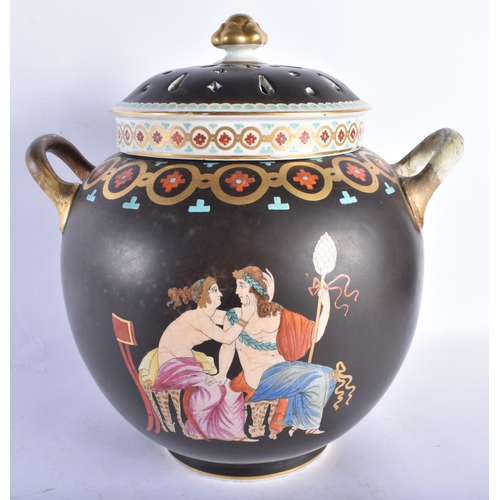 888 - A LARGE 19TH CENTURY ENGLISH TWIN HANDLED PORCELAIN GRAND TOUR VASE AND COVER painted with figures r... 