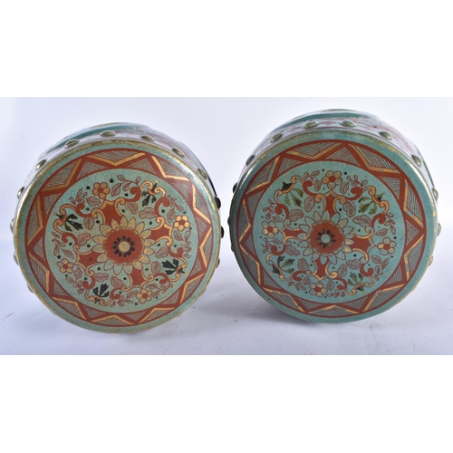 889 - AN UNUSUAL PAIR OF LATE 19TH/20TH CENTURY CHINESE STONEWARE IMARI CELADON BARRELS. 17 cm x 14 cm.