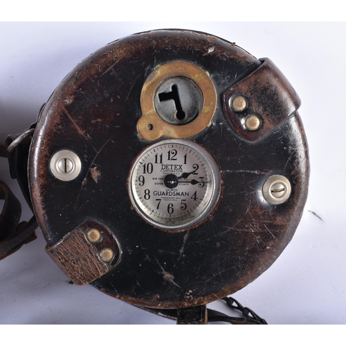 893 - TWO UNUSUAL ANTIQUE LEATHER CASED DETEX GUARDSMAN CLOCKS. Largest 16 cm wide. (2)