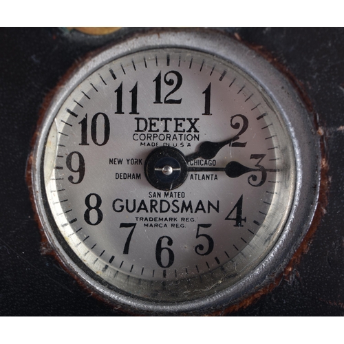 893 - TWO UNUSUAL ANTIQUE LEATHER CASED DETEX GUARDSMAN CLOCKS. Largest 16 cm wide. (2)